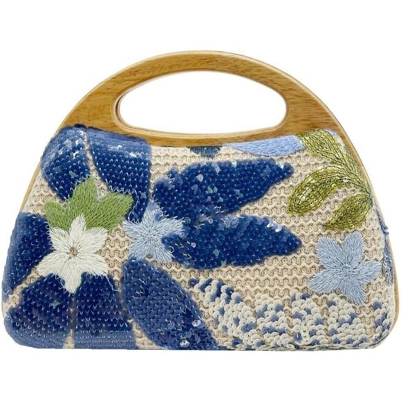 Summer Blue Straw Woven Clutch Bag with Sequined Embroidery & Removable Chain - Picture 1 of 6